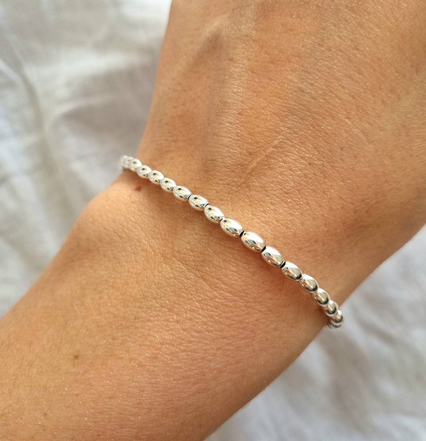 Perlenarmband Oval 925 Silber | Kugelarmband | elastisch | Basic Armband