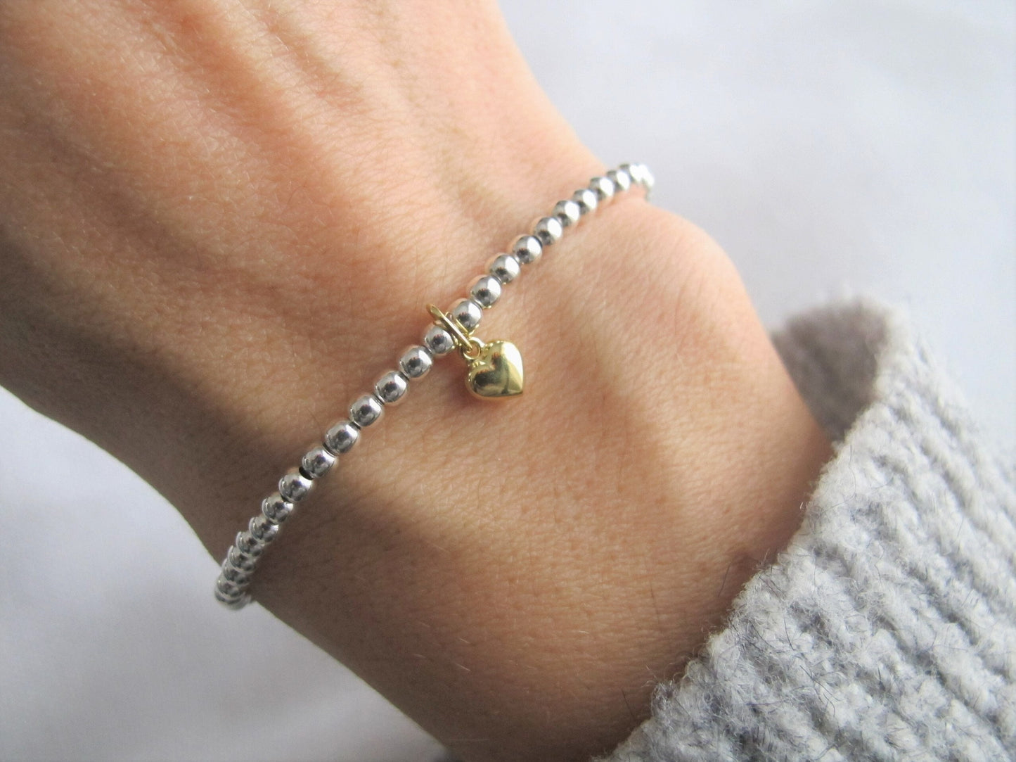 Kugelarmband 925 Silber mit 333 Gold Herzanhänger | 3mm Perlen