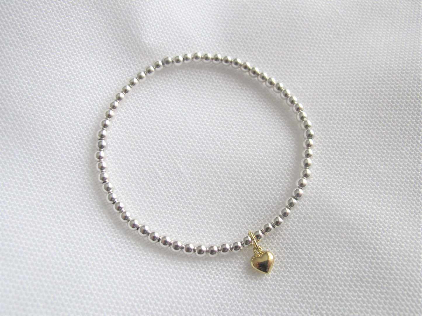 Kugelarmband 925 Silber mit 333 Gold Herzanhänger | 3mm Perlen