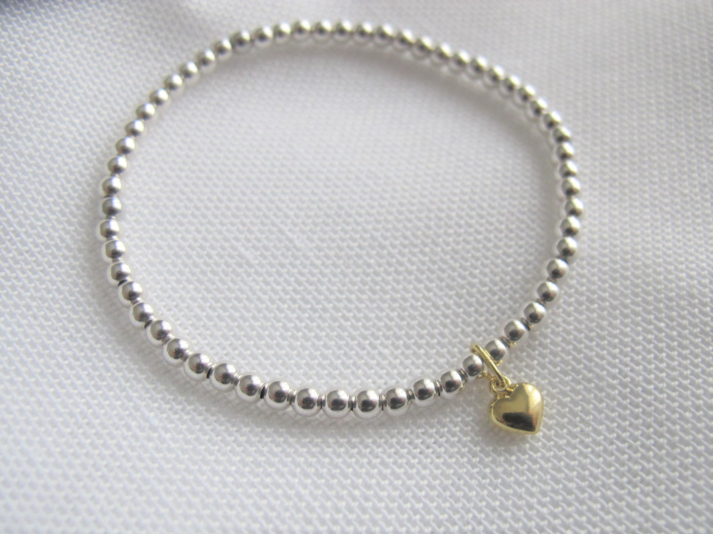 Kugelarmband 925 Silber mit 333 Gold Herzanhänger | 3mm Perlen